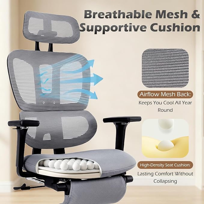 Ergonomic Office Chair with Footrest and Dynamic Lumbar Support, Grey | Reclining high-back computer chair, memory foam seat, 4D armrests, 2D headrest, mesh desk chair for home office, long hours - Image 7