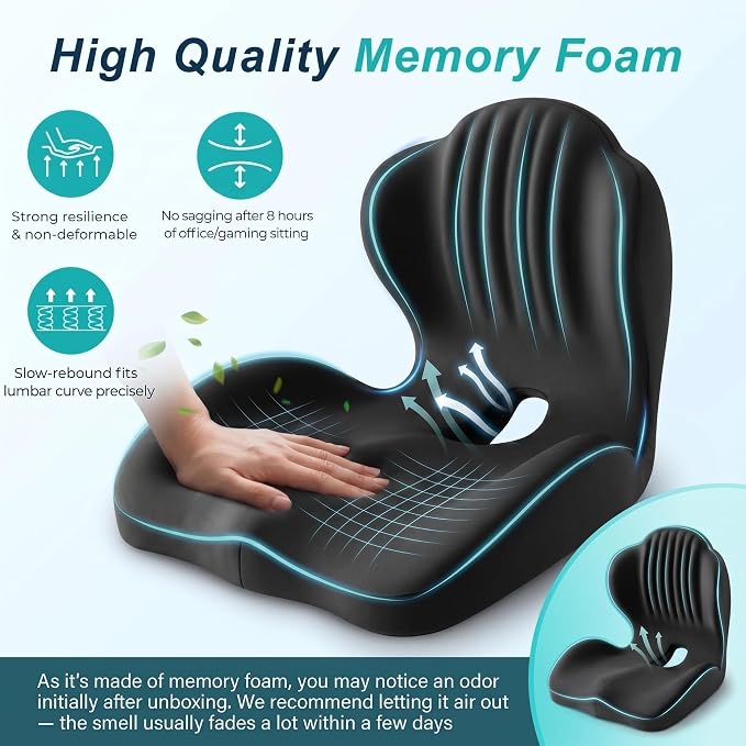 Ergonomic Seat Cushion with Lumbar Support (Black) | Office Chair Seat Cushion, Memory Foam Orthopedic Cushion with Tailbone Hollow, Sciatica & Back Pain Relief for Long Sitting - Image 5