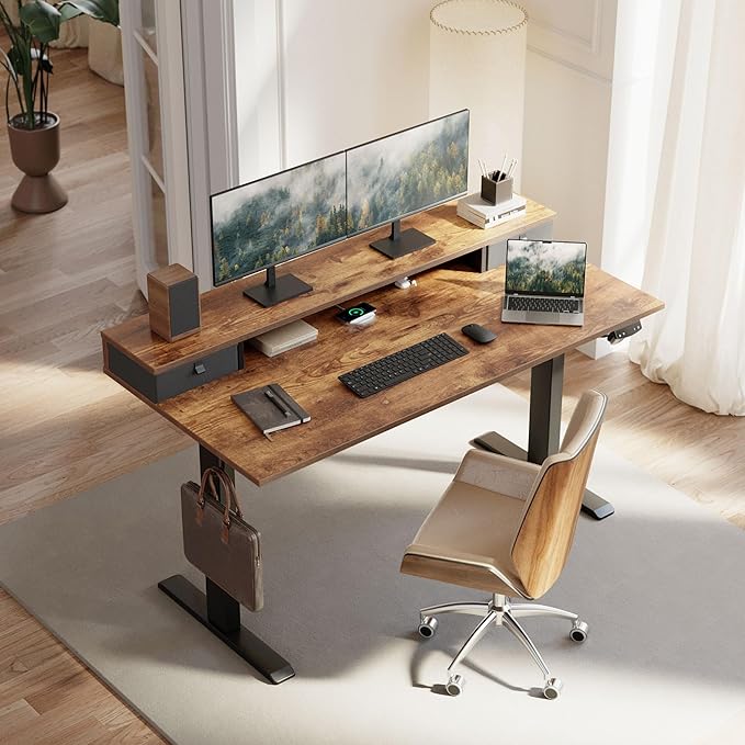 Klicelor 63 x24 Inch Electric Standing Desk with Drawers, Adjustable Height Small Sit Stand Desk for Home Office, Compact Computer Workstation with Storage– Rustic Brown - Image 2