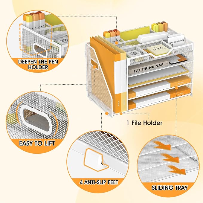 5 Tier Paper Letter Tray Desk Organizer with Pen Holders - White | Features 3 pen holders and 4 removable dividers.Versatile mesh desktop storage for mail, document,office supplie - Image 4