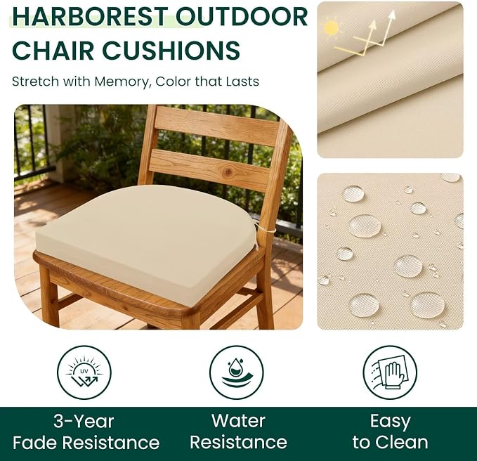 HARBOREST Outdoor Chair Cushions Set of 4, Water Resistant Patio Chair Cushions with Ties, Outdoor Seat Cushions for Patio Furniture, 17"x16"x2", Beige - Image 2