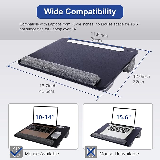 Besign LT08 Laptop Stand, Portable Lap Desk with Pillow Cushion, Fits up to 14 inch Laptop, with Anti-Slip Strip for Desk, Sofa & Bed, Black - Image 2