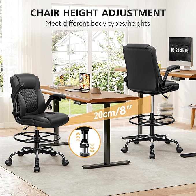 Drafting Chair, Tall Office Chair for Standing Desk, High Executive Leather Ergonomic Computer Chair with Adjustable Height and Flip-Up Armrest for Counter Height Desk, Black, Pack of 1 - Image 5