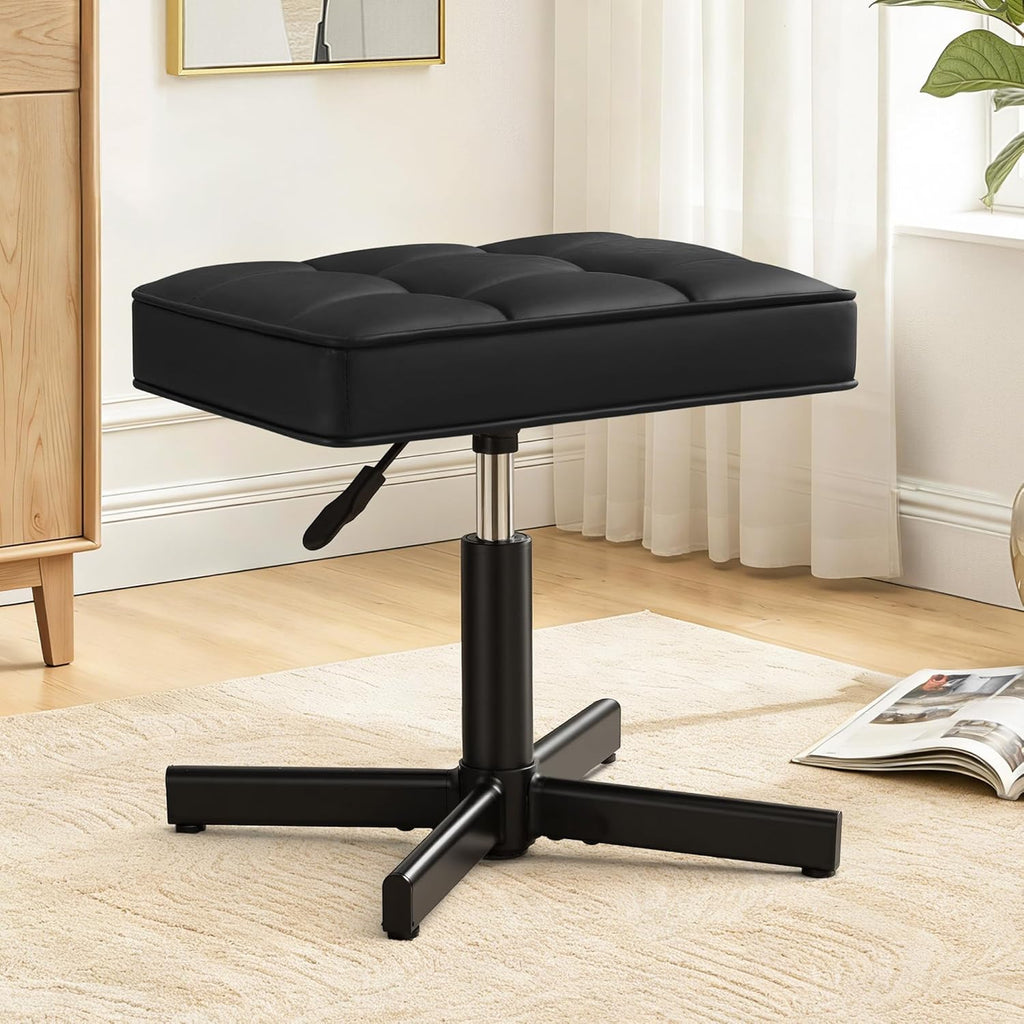 LUE BONA Adjustable Vanity Stool, Foot Rest Under Desk, 360° Swivel Vanity Chair for Makeup Room, Black Upholstered Faux Leather Ottoman for Bathroom & Living Room, 300lbs by LUE BONA