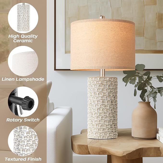 23" Modern Ceramic Table Lamp Set of 2, Table Lamps for Living Room, Rustic Farmhouse Bedside Lamps Nightstand lamp for Bedroom, Desk Lamp for End Table Home Decor Grey Shabby Chic White - Image 4