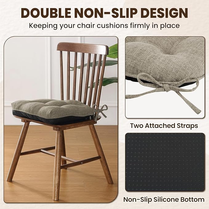downluxe Indoor Chair Cushions for Dining Chairs, Tufted Overstuffed Textured Memory Foam Kitchen Chair Pads with Ties and Non-Slip Backing, 15.5" x 15.5" x 4", Khaki, 4 Pack - Image 4