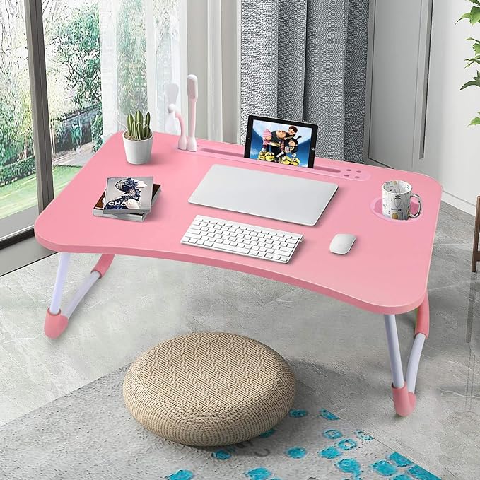 Slendor Foldable Lap Desk with Cup Holder for Bed, Couch, Floor | Portable,with USB Light, Fan, Pen Holder,Tablet Holder,for Laptop,Writing,Eating, Pink - Image 3