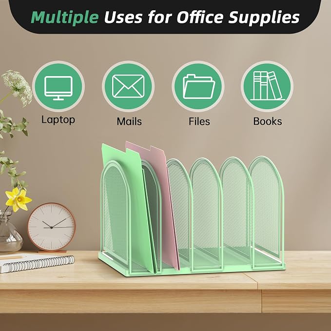 5-Section File Organizer for Desk, Metal File Folder Holder, Mint Green | 5 Vertical Compartments with Sturdy Metal Base for Office Documents Books Magazines and Laptop - Image 5