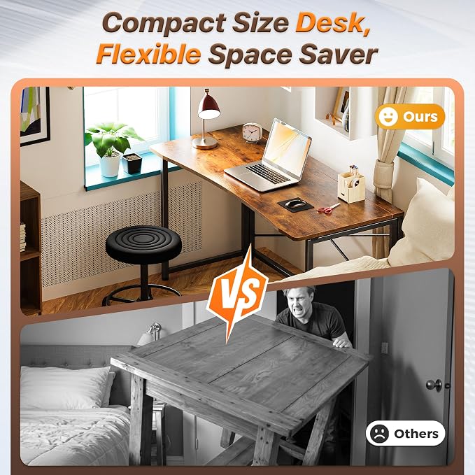 Huuger Folding Desk for Small Spaces, 47.2 Inch Foldable Computer Table | Easy Assembly, Small Writing Work Office Computer Desk, for Home Office, Study, Bedroom, Dorm, Space Saving, Rustic Brown - Image 3