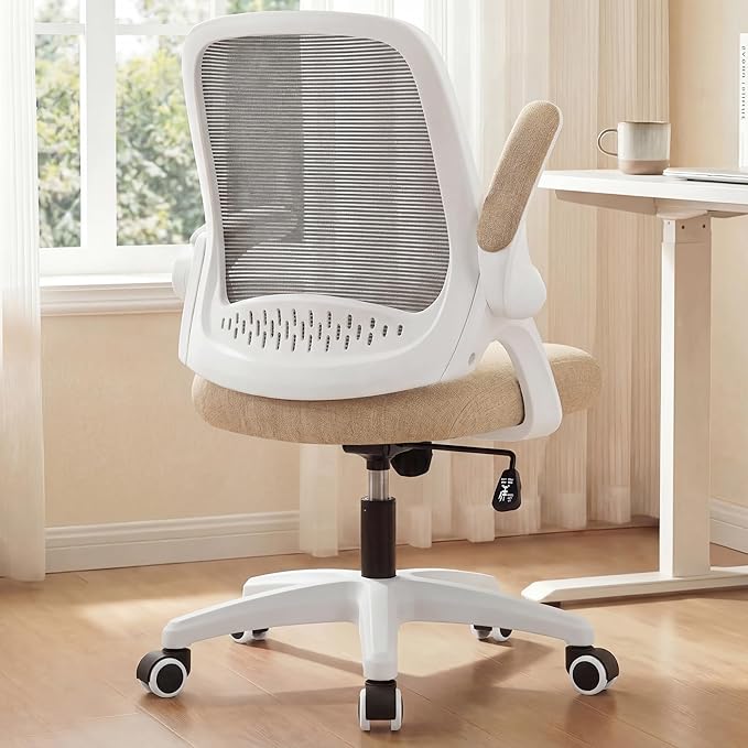 NEO CHAIR Office Desk Chair, Ergonomic Mesh with Flip-Up Armrests, Beige | Lumbar Support, Height Adjustment, 360° Swivel and Rolling Base, Space-Saving Design for Home Office, Vanity or Study by NEOCHAIR