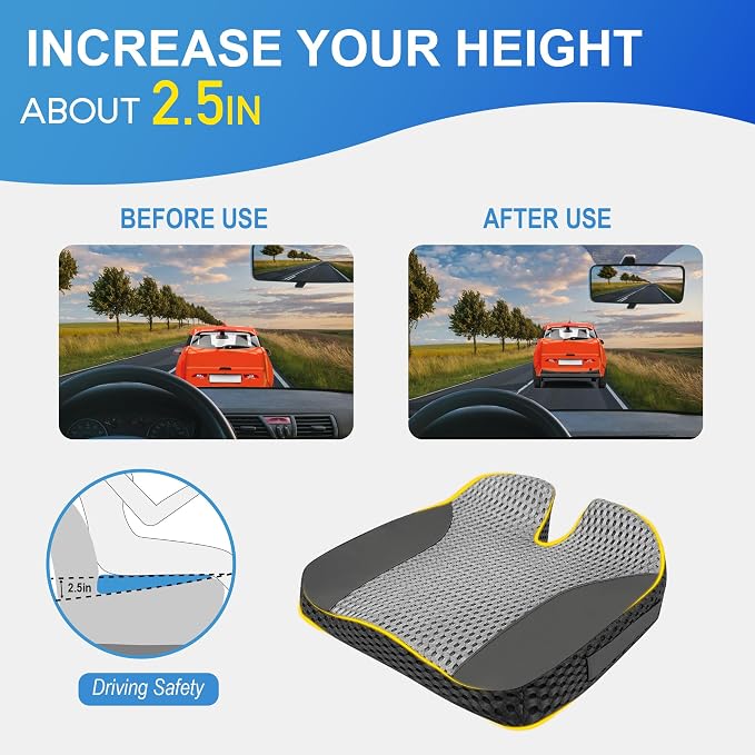 Lofty Aim Car Seat Cushion for Driving, Memory Foam Driver Seat Cushion | Car Seat Cushion for Long Driving Comfort, Driver Seat Pillow Adds Height and Support for Cars, Office Chairs, Black & Gray - Image 5