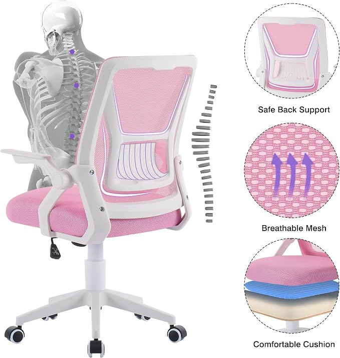 VECELO Mid-Back Swivel Ergonomic Office Chair with Adjustable Arms Mesh Lumbar Support for Computer Task Work, Pink - Image 4