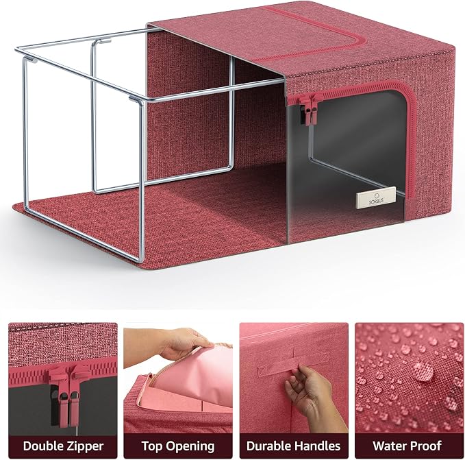 Sorbus Clothes Storage Bins, Clear Window & Handles (Medium, 2 Pack, Pink) | Large foldable stackable boxes have easy-carry grips for bedding and linens in closets, bedrooms and laundry rooms. - Image 5