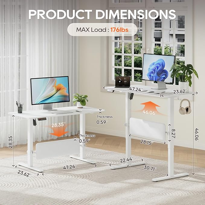 MALOL 47" x 24" Electric Standing Desk with Adjustable Footrest, White | Height Adjustable Computer Home Office Gaming Desk with 3 Memory Presets & Child Lock, Adjustable Feet, Cable Management - Image 2