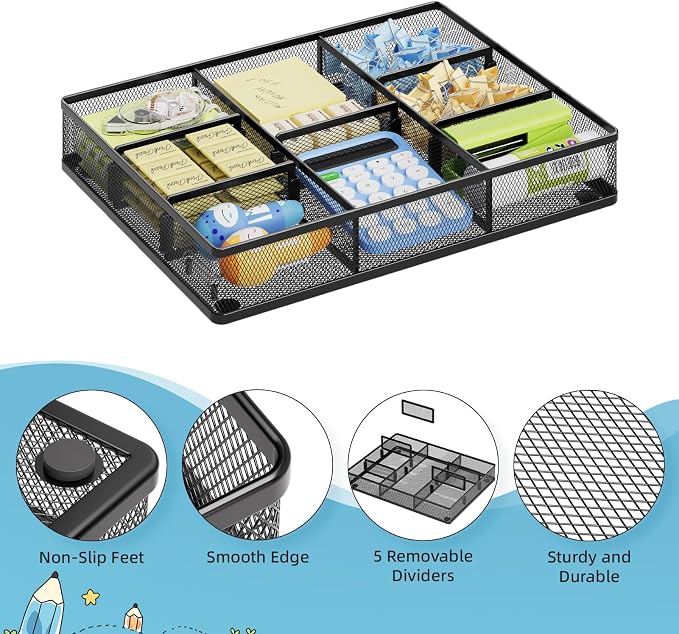Marbrasse 2Pack Desk Drawer Organizer, Metal Mesh Drawer Organizer Tray with 5 Adjustable Compartments,Desk Organizers and Accessories for Home,Office,Kitchen,Makeup,Vanity (Black) - Image 5