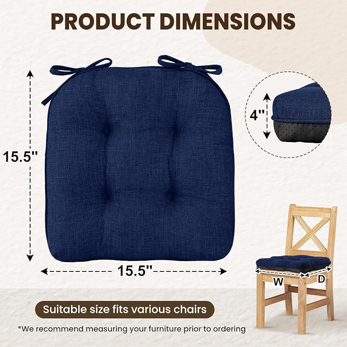 downluxe Indoor Chair Cushions for Dining Chairs, Tufted Overstuffed Textured Kitchen Chair Pads with Ties and Non-Slip Backing, 15.5" x 15.5" x 4", Royal Blue, 6 Pack - Image 2