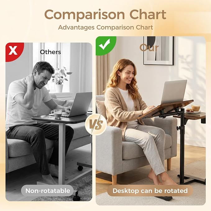 YUHFERA Rolling Table for Laptop Stand, Height and Angle Adjustable Over Bed Table with Wheels, Tilt-Top Laptop Desk for Couch with Cup Holder, Bed Table Tray for Eating (Brown) - Image 3