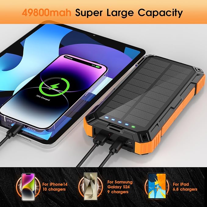 Solar Power Bank,49800mAh Wireless Portable Phone Charger with Built-in 4 Cables,22.5W Fast Charging External Battery Pack PD 3.0 USB-C In/Output for iPhone,iPad,Android,Perfect for Camping, Hiking - Image 5