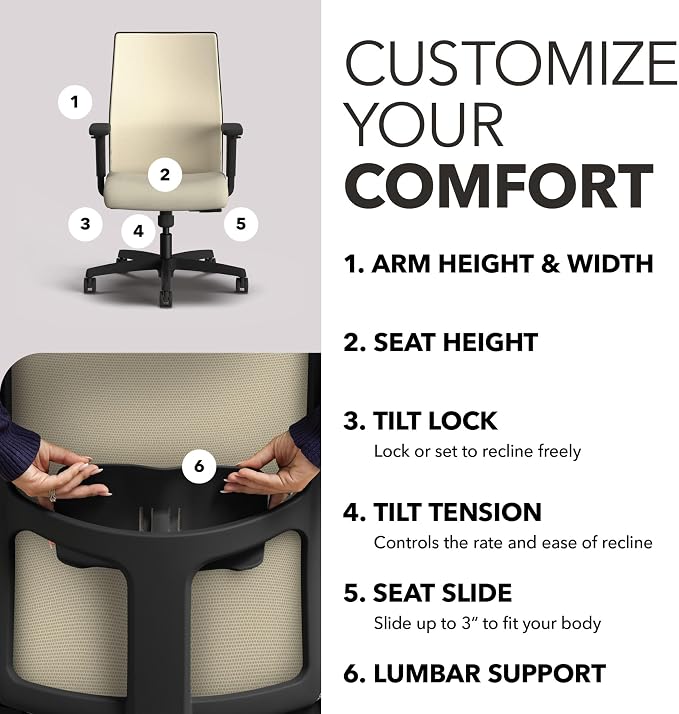 HON Ignition 2.0 Ergonomic Office Chair, Lumbar Support, Desk Chair, Linen | Ergonomic office desk chair with lumbar support, adjustable arms, office decor, workstation comfort for focused productivity - Image 3
