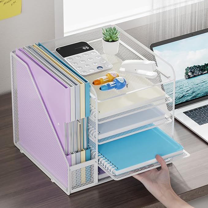 Marbrasse Desk Organizers and Accessories, 5-Tier Paper Letter Tray Organizer with File Holder, Mesh File Organizer, Office Desk Accessories & Organization for Supplies (White) - Image 3