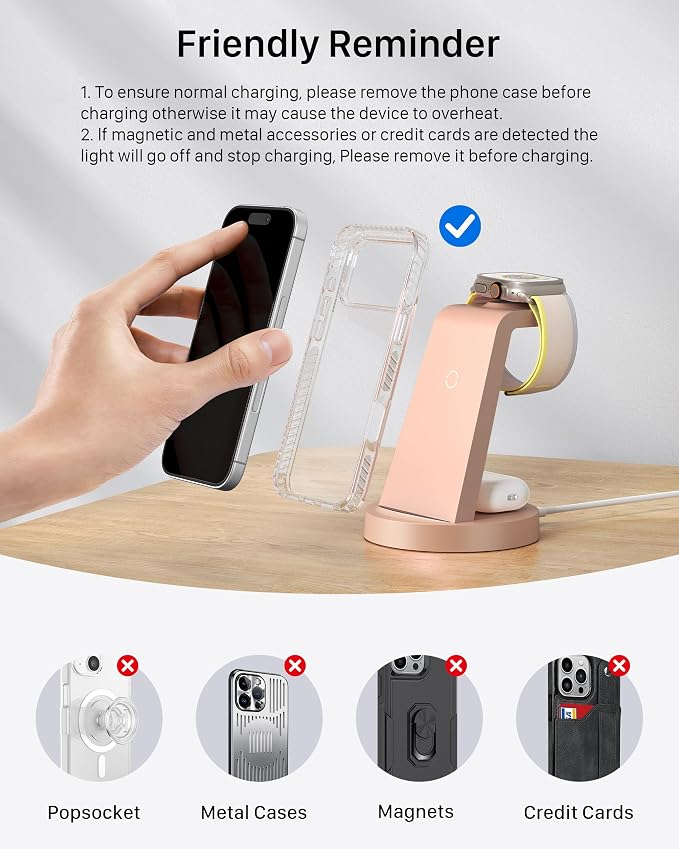 Anlmz 3 in 1 Charging Station for iPhone, Wireless Charger for iPhone 17 16e 16 15 14 13 12 11 X Pro Max & Apple Watch - Charging Stand Dock for AirPods (Rose) - Image 6