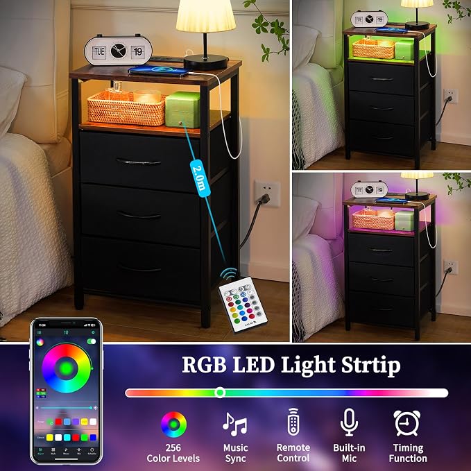 Yoobure Night Stand with Charging Station, 3 Fabric Drawers Nightstand, Bedside Tables with Storage Shelf, End Table with 16 Colors LED, Small Dresser for Small Space, Black Brown | 16 Colors Bedside Table with 3 Fabric Drawers & Storage Shelf, End Tab... - Image 4