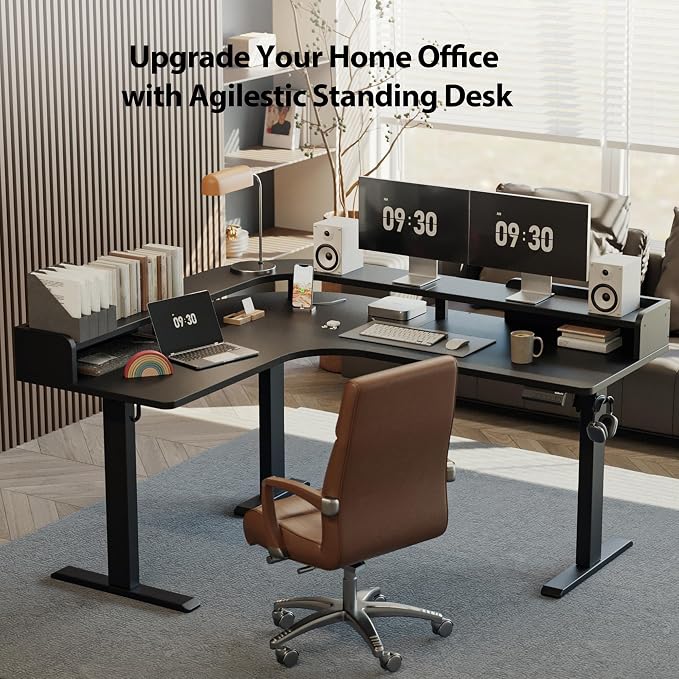 Agilestic L Shaped Standing Desk with Monitor Shelf, 63 Inch, Black | Electric Height Adjustable, Dual Monitor Setup, Spacious Corner Desktop, Sturdy Steel Frame, Memory Presets, 264 lbs - Image 3