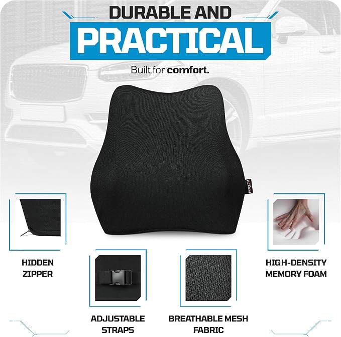 FORTEM Lumbar Support Pillow for Car - Memory Foam Back Pillow for Driving | Ergonomic Design for Comfort Sitting | Promotes Back Pain Relief | Adjustable Straps | Washable Cover - Image 2