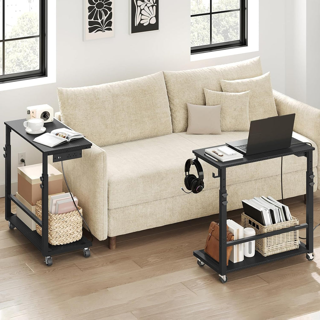 MAHANCRIS Side Table with Charging and Hooks, Rolling Couch Table, Black - Image 2