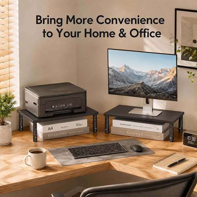 Adjustable Monitor Stand Riser for Desk, Wood Computer & Laptop Stand, Desk Organizers and Accessories, Office Desk Accessories & Workspace Organizer for Home Office Supplies, Black 2-Pack - Image 6