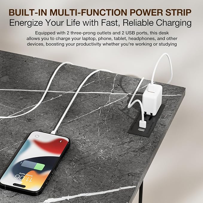 TEMI Small Computer Desk Folding Table - No Assembly, Compact 35.8" Foldable Desk with Power Outlets & USB Charging Port, Portable Small Office Desk, Ideal Mini Study Table, Marble Greige - Image 5