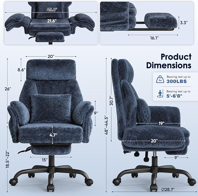 C57 Ergonomic Reclining Office Chair with Footrest, Velvet Desk Chair with 6-Stage Adjustable Wing Armrests for Cross Legged Sitting, Pet Friendly High Back Lounge Gaming Chair for Home Office - Image 2