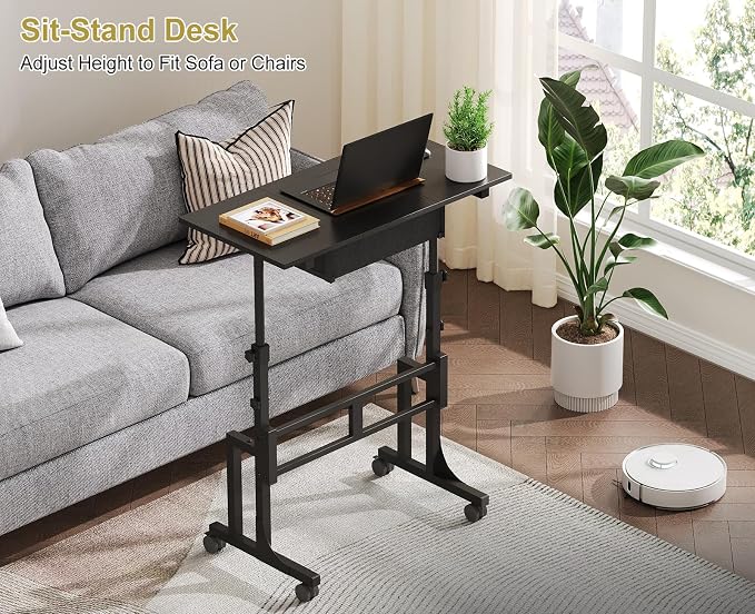 Adjustable Height Standing Desk With Drawer, Rolling Sit Stand Up Desk With Wheels, Small Sit To Stand Computer Desk, Adjustable Desktop Height, On Wheels, Black, For Walking Pad Laptop Treadmill - Image 7