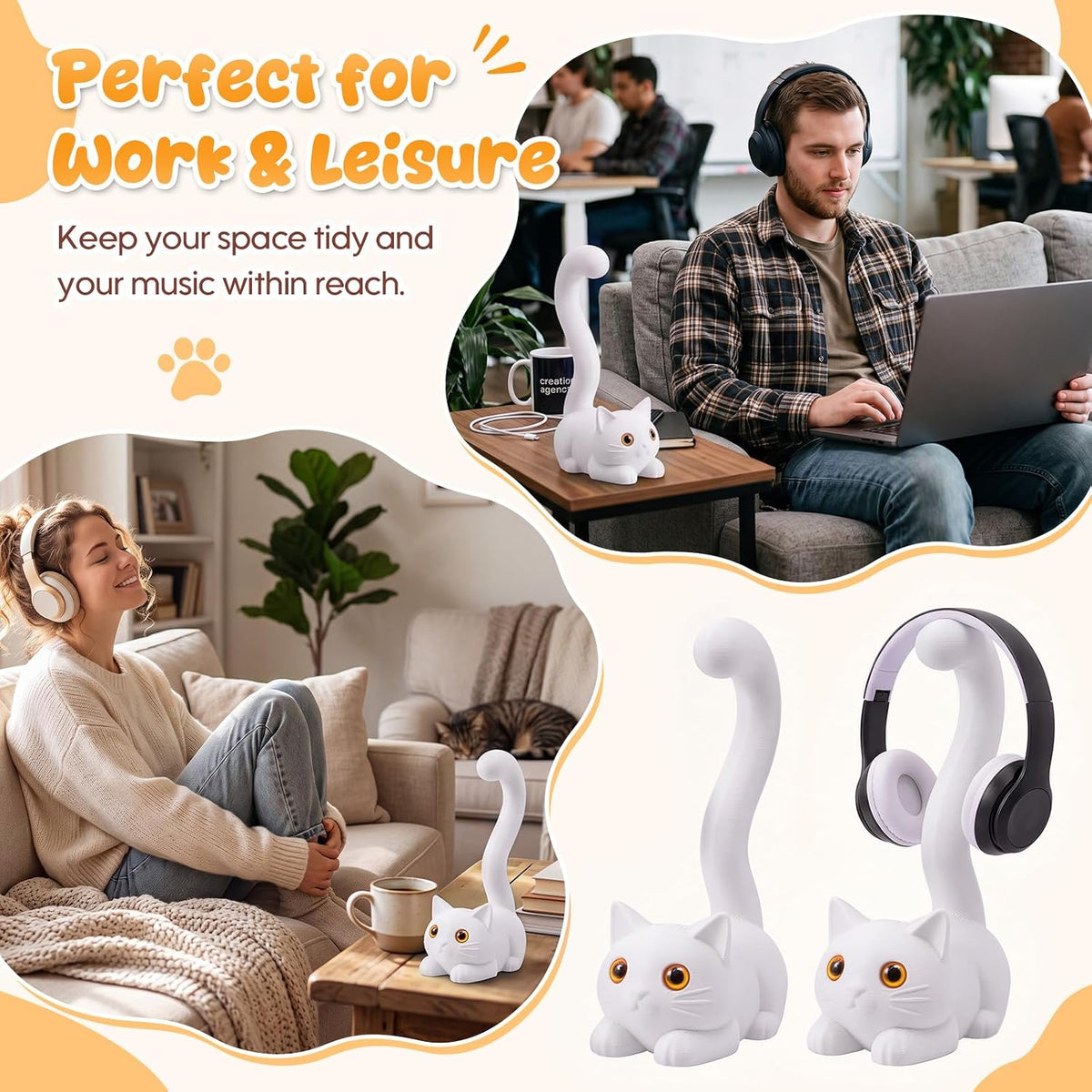 Yalikop 3D Printed Cat Headphone Stand Desktop Headset Holder 9.84''H,White - Image 5