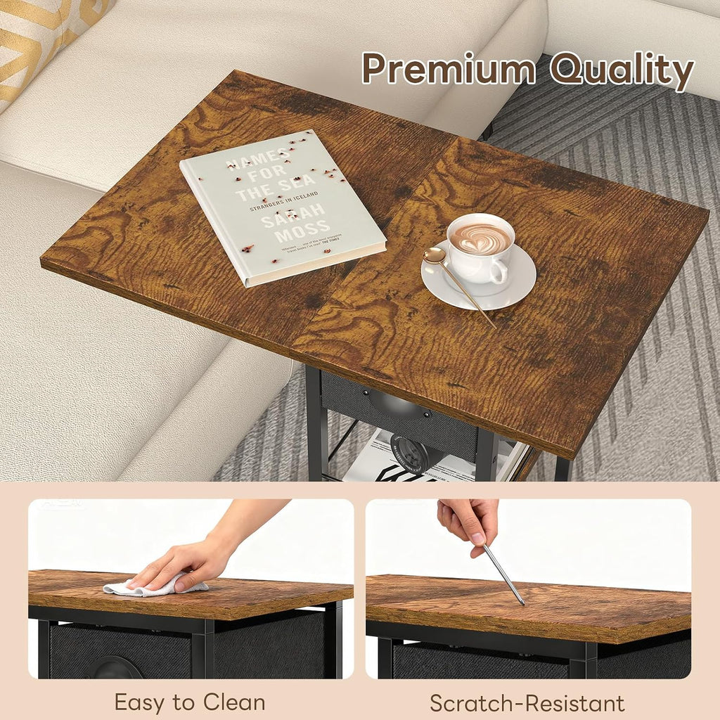 C Shaped End Table, TV Tray Table with Wheels, Drawer and Storage Basket - Image 5