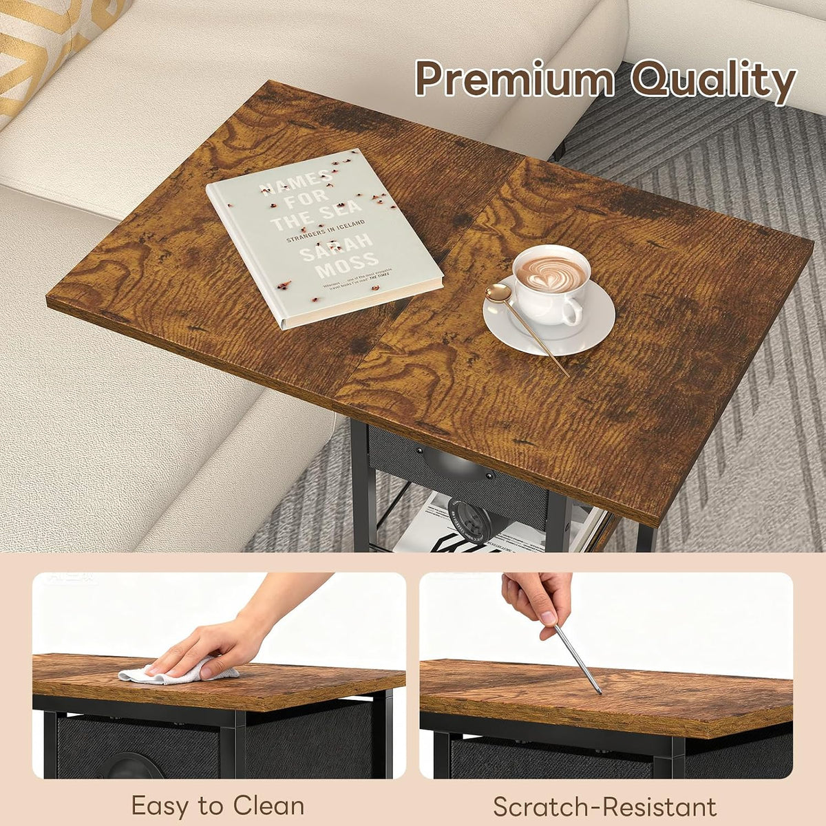 C Shaped End Table, TV Tray Table with Wheels, Drawer and Storage Basket - Image 5