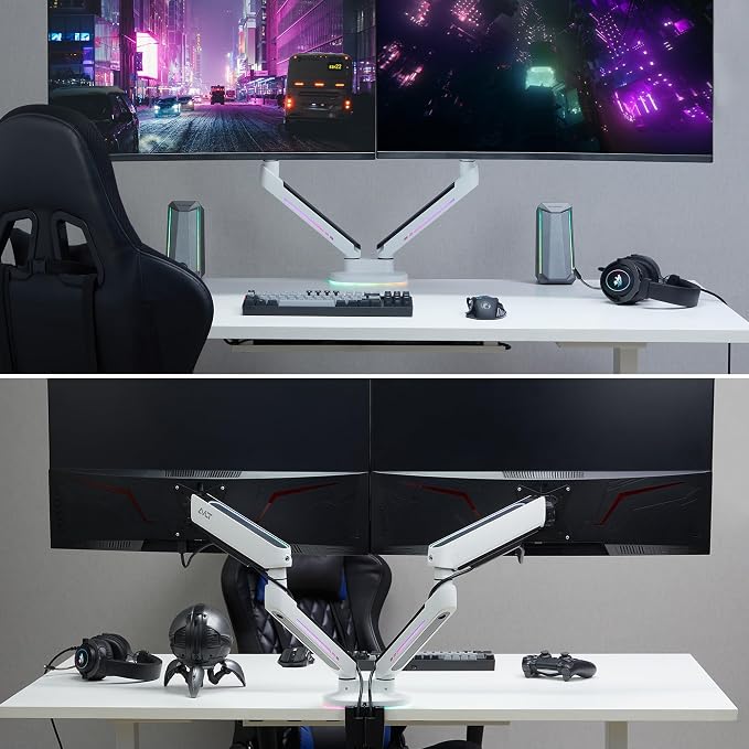 AVLT Dual 27”-43” RGB Gaming Monitor Arm Desk Mount - White | Built-in 20 Lighting Modes Touch Button Control Fits Flat/Curved/Ultrawide Screen Height Swivel Tilt Rotation Adjustable - Image 5