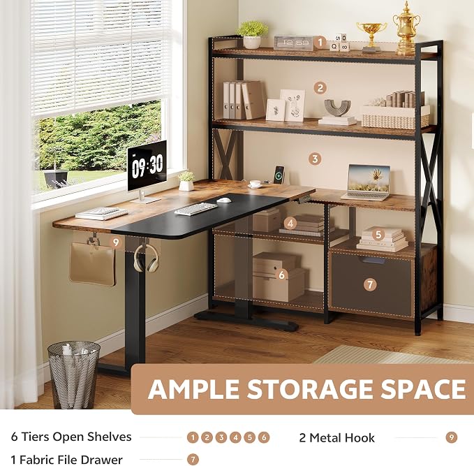 77.8 Inches L Shaped Standing Desk Corner Desk with Hutch Electric Height Adjustable Desk with Storage Shelves File Drawer Power Outlets Reversible Computer Gaming Desk for Home Office, Brown - Image 5