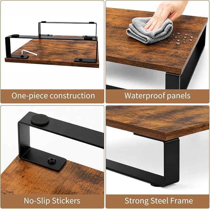 XINYAO 2 Pack Monitor Riser for Desk, Wood and Steel, 16*12*3 inch, Brown | Multi-Purpose Desktop Storage Stand for dual monitor setups, TVs, Laptop, Printer, home office use, or gift giving - Image 6