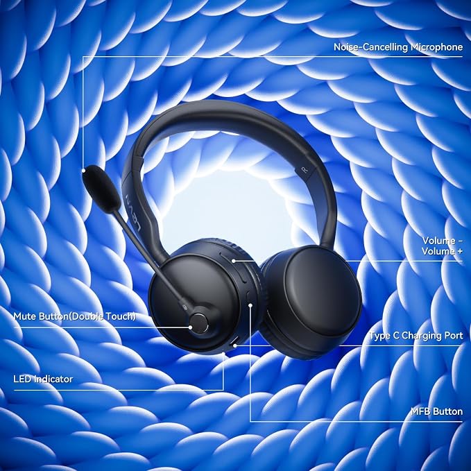 Wireless Headset with Mic for Work, Wireless Headset with Microphone AI Noise Cancelling, Bluetooth 5.3, 60H Battery, Mute Button, Comfortable Over Ear Headphones for PC, Laptop, Call Center, Office - Image 5