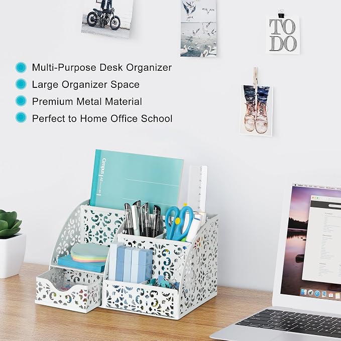 EasyPAG Desk Organizer and Pen Holder for Desk, Mesh Office Supplies Storage Caddy with Drawer for Small Space, Desktop Organizer for Home Office, White - Image 3