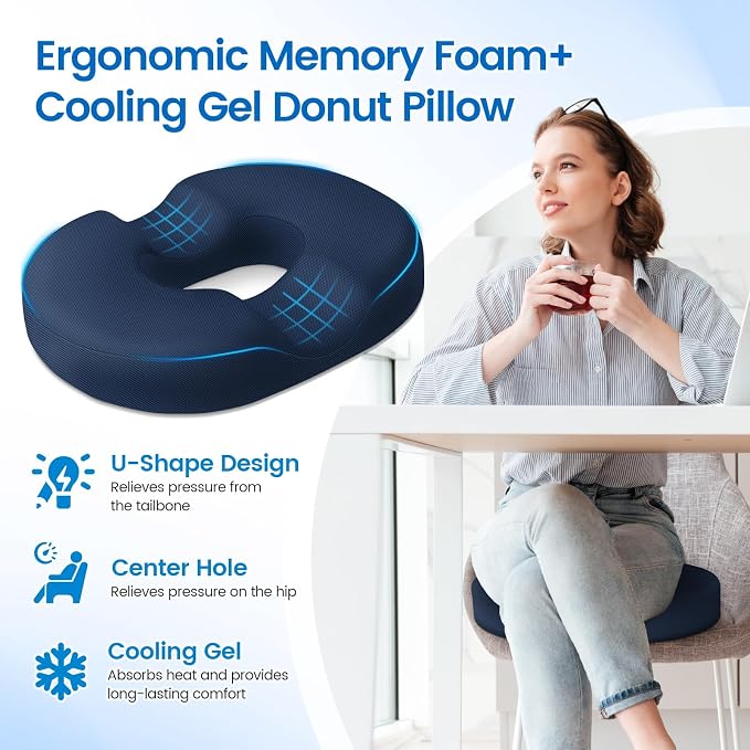Donut Pillow Seat Cushion, Cooling Gel Memory Foam Chair Cushion, Blue | Office, Home & Car Seat Cushion, Butt Pillow for Tailbone Pain Relief, Hemorrhoids and Everyday Sitting Comfort - Image 3