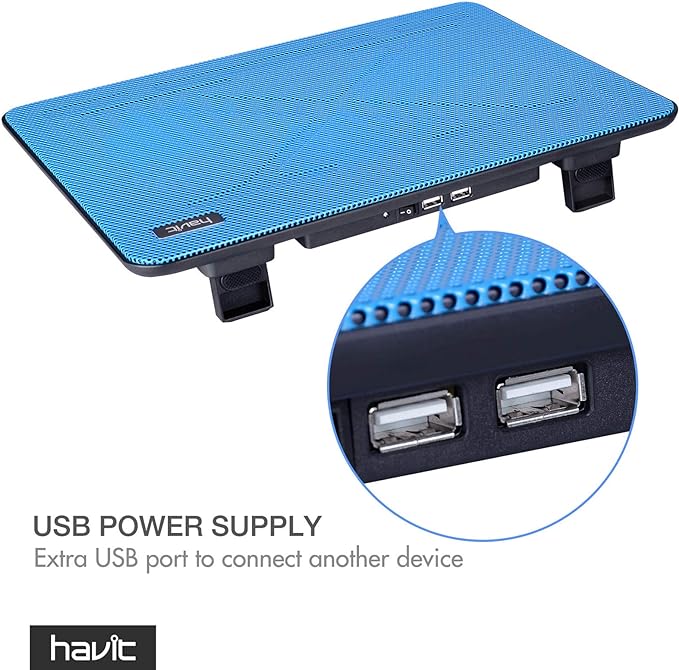 Havit HV-F2056 15.6-17 Inch Laptop Cooler Cooling Pad - Slim Portable USB Powered (3 Fans) (Blue) | Three quiet USB-powered fans circulate air below the laptop, two height settings improve viewing and typing comfort - Image 6