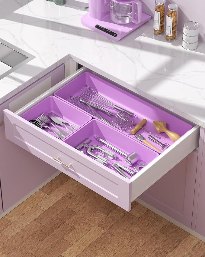 10 Pack Large Size Plastic Drawer Organizers Set, 3 Sizes Desk Drawer Organizer Trays, Storage Bins for Vanity, Makeup, Bathroom, Kitchen Utensils and Office (Purple) - Image 6