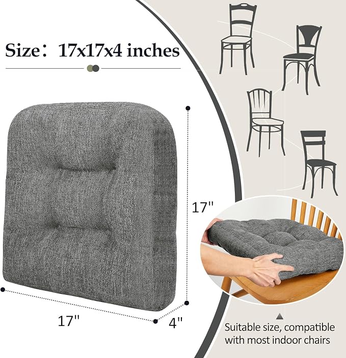 downluxe Chair Cushions for Dining Chairs 4 Pack, Tufted Indoor Chair Pads with Non-Slip Bottom, U-Shaped Kitchen Chair Cushions, 17"x17"x4", Dark Grey - Image 4