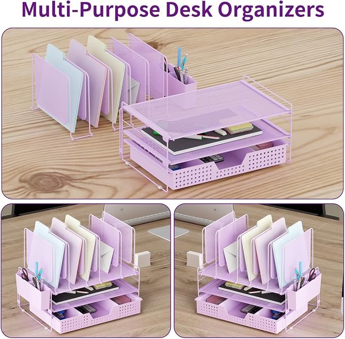 LEKETREE Desk Organizer, Office Organization with Vertical File Holder, File Organizer with Drawer and Pen Holder, Desk Accessories and Workspace Organizers for Home Office (Purple) - Image 6