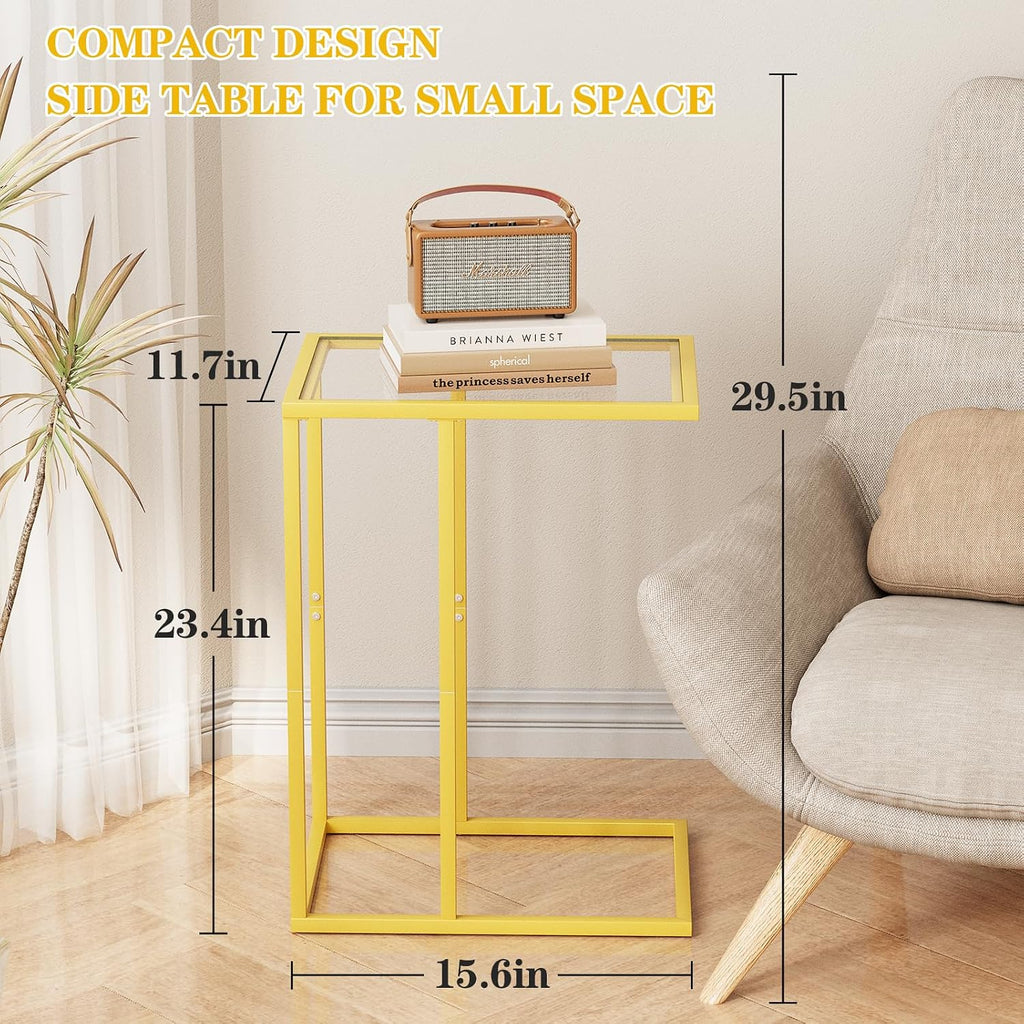 C Table Side End Table, Small C Shaped Table for Sofa,Glass Couch Sofa Tray Snack Table for Living Room, Bedroom,TV Tray Table for Small Space,Accent Coffee Table,Nightstand with Metal Frame(Yellow) - Image 3