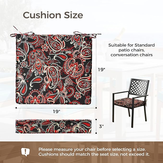 UNIKOME Outdoor Chair Cushions Set of 4, Water Resistant Patio Seat Cushions with Ties for Outdoor Furniture, High-Density Foam, UV & Fade Resistant, Piped Edge – 19" x 19" x 3", Red Paisley Floral - Image 2