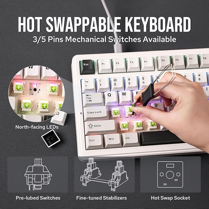 EPOMAKER x Aula F99 Wireless Mechanical Keyboard, Hot Swappable Gasket | Custom Gaming Keyboard with Five-Layer Padding, BT/2.4GHz/USB-C, 8000mAh Battery (White Grey, Graywood V3 Switch) - Image 8