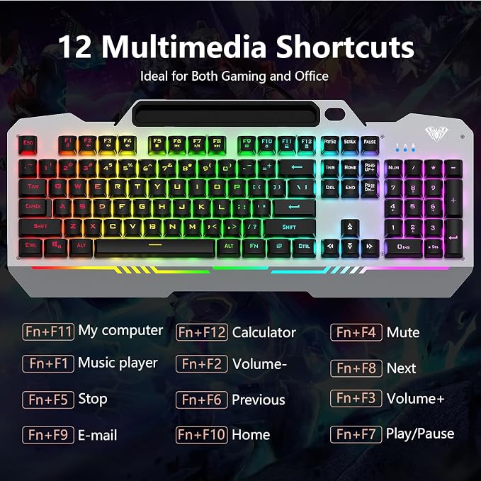 AULA Gaming Keyboard and Mouse,Wired 104-Key Mouse and Keyboard Combo Metal | Full Size Computer Keyboards with Number Pad,New Update Version,RGB Backlit Anti-Ghosting PC Keyboard for Laptop WinXP/7/8/10 - Image 6